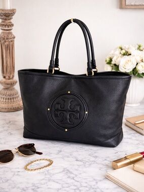 Tory Burch Black Pebbled Leather Tote Bag Large Logo Shoulder Bag Gold Hardware